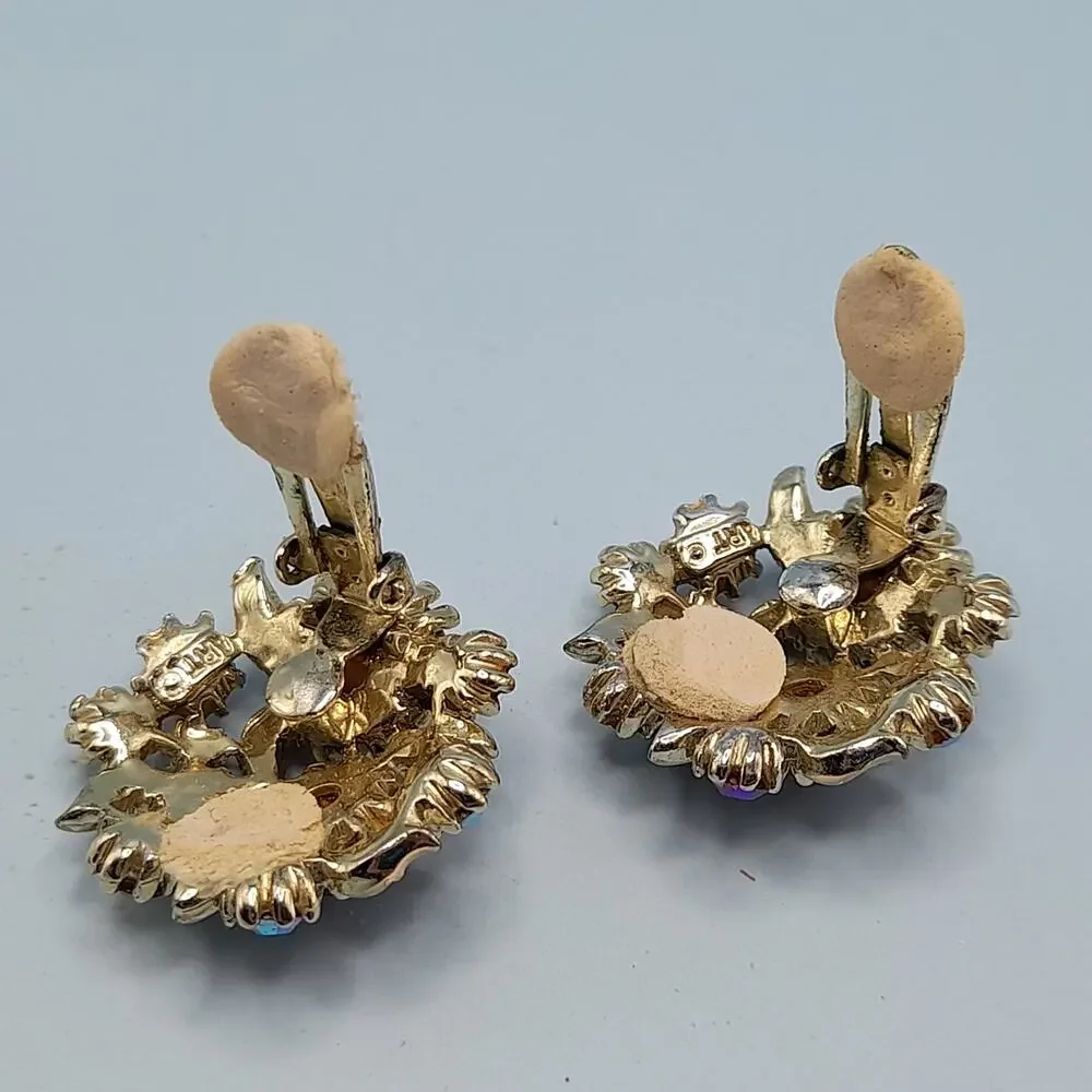 Vintage Arthur Pepper ART Pink Rhinestone Clip Earrings, Aurora Borealis, 1 1/8
